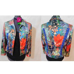 Boho Chic Biker Style Graphic Satin like Floral Jacket Size 10